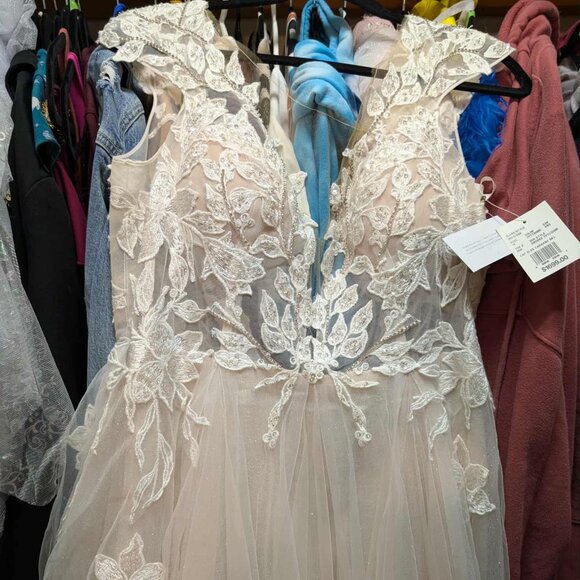 David’s Bridal Illusion Cap Sleeve Lace Wedding Dress Size 14 Ivory/Cashmere - Picture 3 of 16